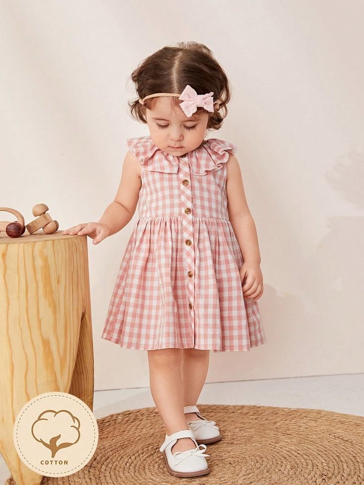 Baby Gingham Print Ruffle Trim Button Front Dress