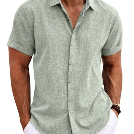 Mens Linen Shirts Short Sleeved Summer Regular Fit Cotton Shirt Button Down Hawaiian Holiday Tops