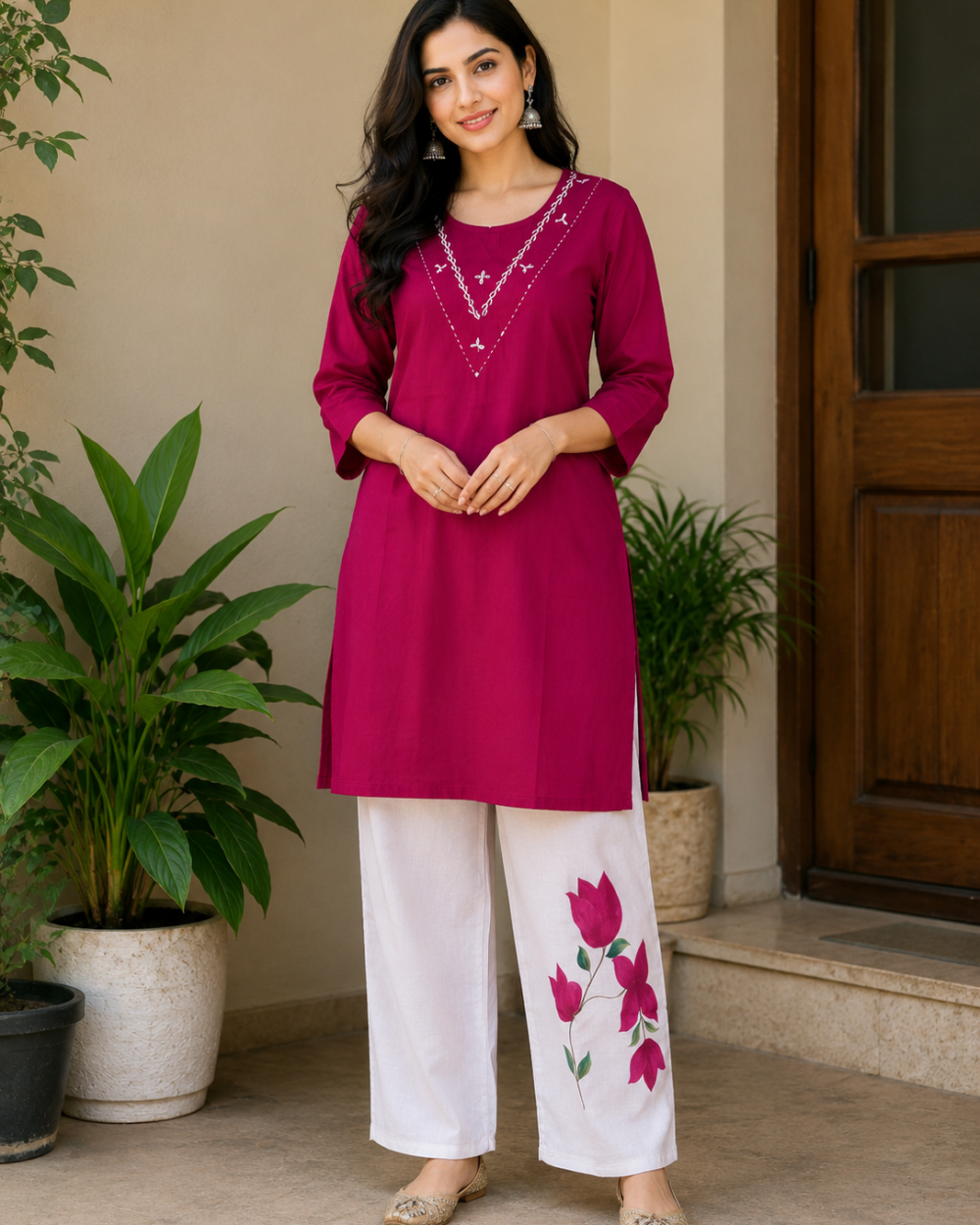 Magenta Embroidered Kurta Set
