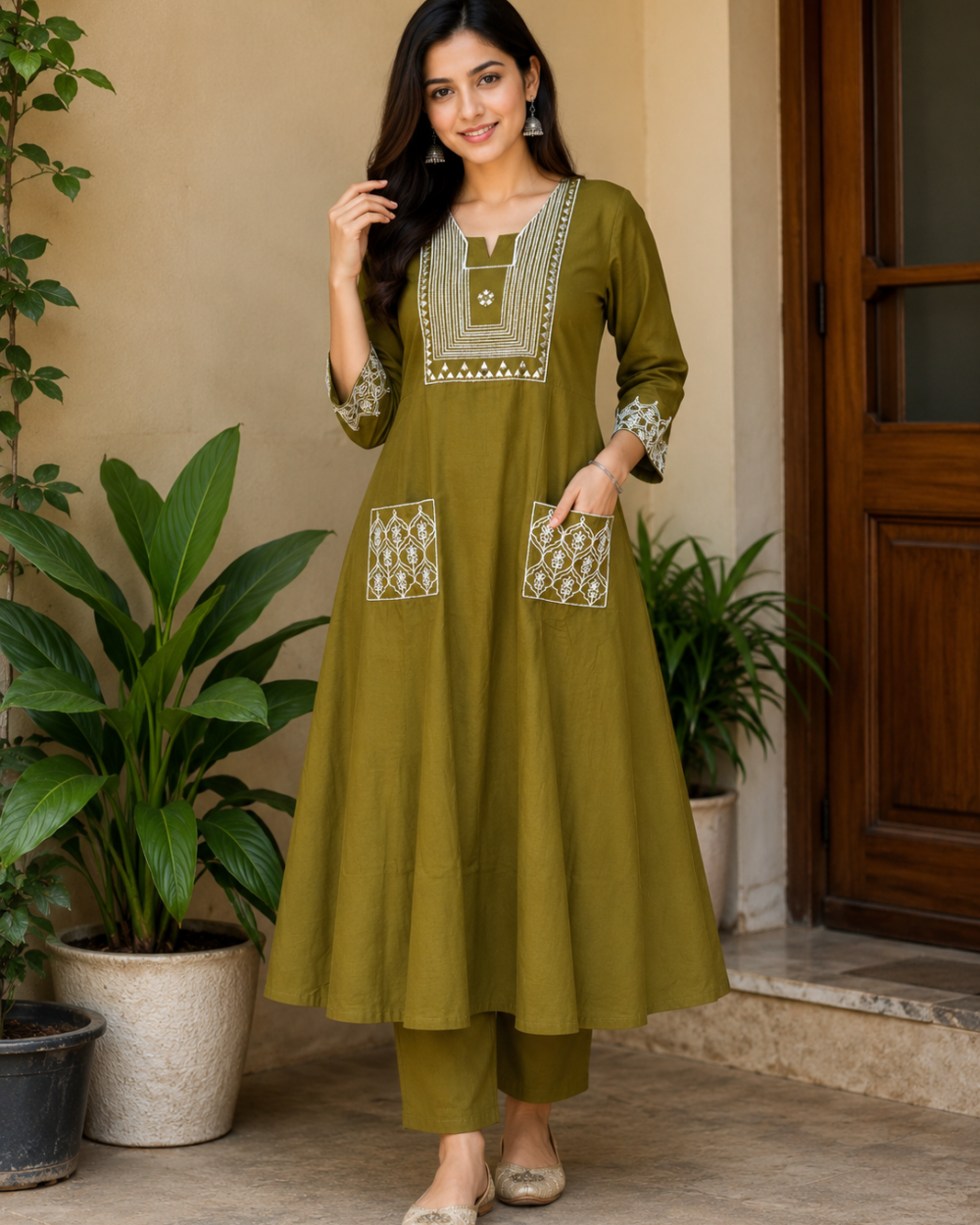 Olive Green Embroidered Kurta Set