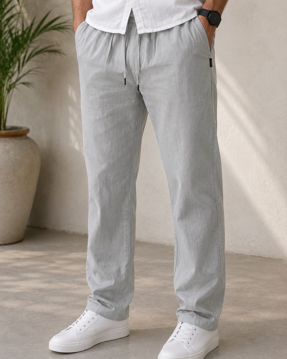 Men's Ice Grey Linen Comfort Fit Drawstring Pants