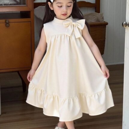 Girls' Summer New Elegant Solid Color Loose Casual Vacation Style Tank Dress Ivory Kids Dress Little Girls Beige Dress Cream Dress Kids Girl Bow Dress Coquette Ivory Dress For Girls
